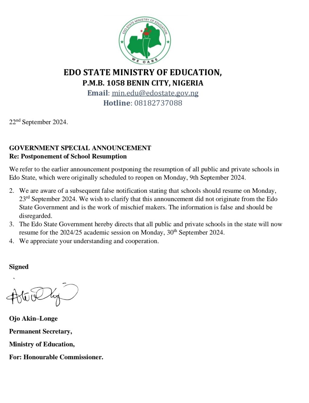 Breaking: See when schools are to resume in Edo on