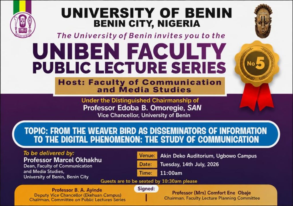 Varsity Media Don, Okhakhu to Deliver UNIBEN 5th Faculty Lecture Series
